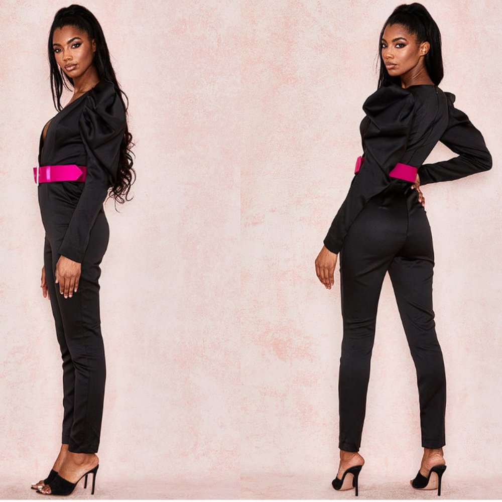 House of CB ‘Escalia’ Black Stretch Satin Jumpsuit NWOT - Picture 3 of 9